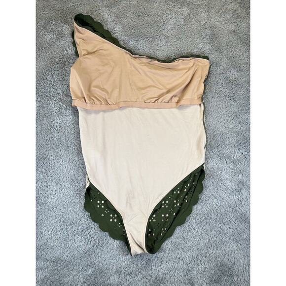 J. Crew Scalloped One-Shoulder‎ Swimsuit Size 20 Green Olive Nude Laser Cut Out - Picture 8 of 9